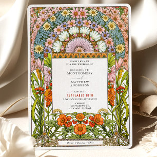 Vibrant Daisy & Orange Blossom Art Nouveau Wedding Invitation