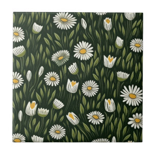 Vibrant Daisy Pattern with Lush Green Accents Ceramic Tile