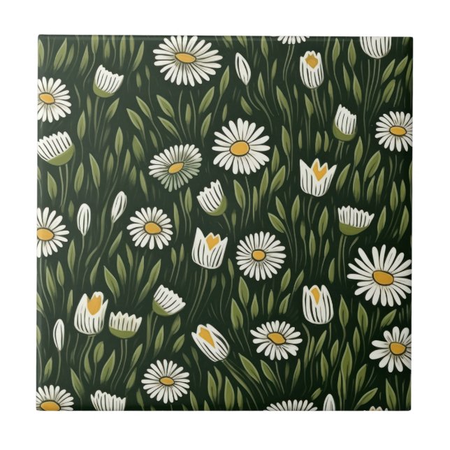Vibrant Daisy Pattern with Lush Green Accents Ceramic Tile (Front)