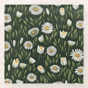 Vibrant Daisy Pattern with Lush Green Accents Glass Coaster