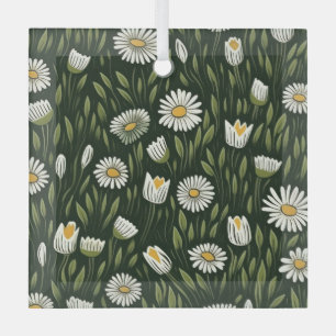 Vibrant Daisy Pattern with Lush Green Accents Glass Ornament