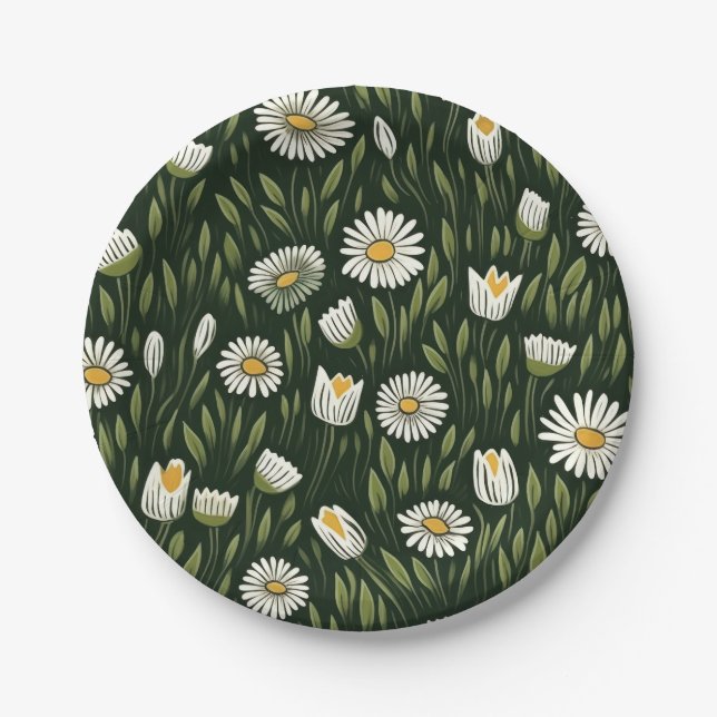 Vibrant Daisy Pattern with Lush Green Accents Paper Plates (Front)