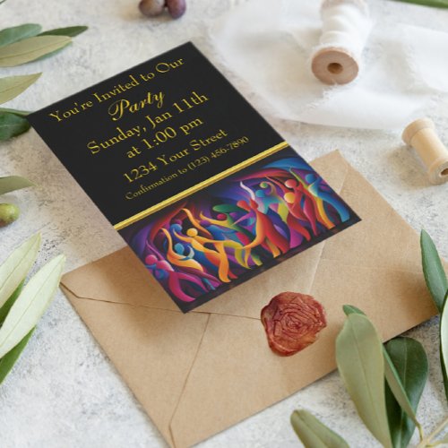Vibrant Dance of Colors in Abstract Human Figures Invitation