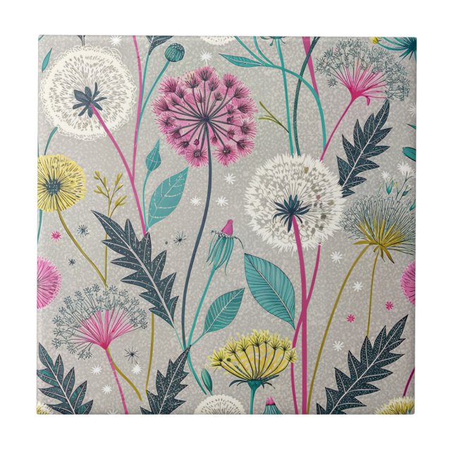Vibrant Dandelion and Foliage Seamless Pattern Ceramic Tile (Front)