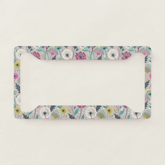 Vibrant Dandelion and Foliage Seamless Pattern License Plate Frame (Front)