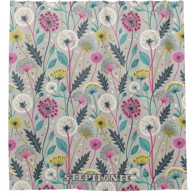 Vibrant Dandelion and Foliage Seamless Pattern Shower Curtain (Front)