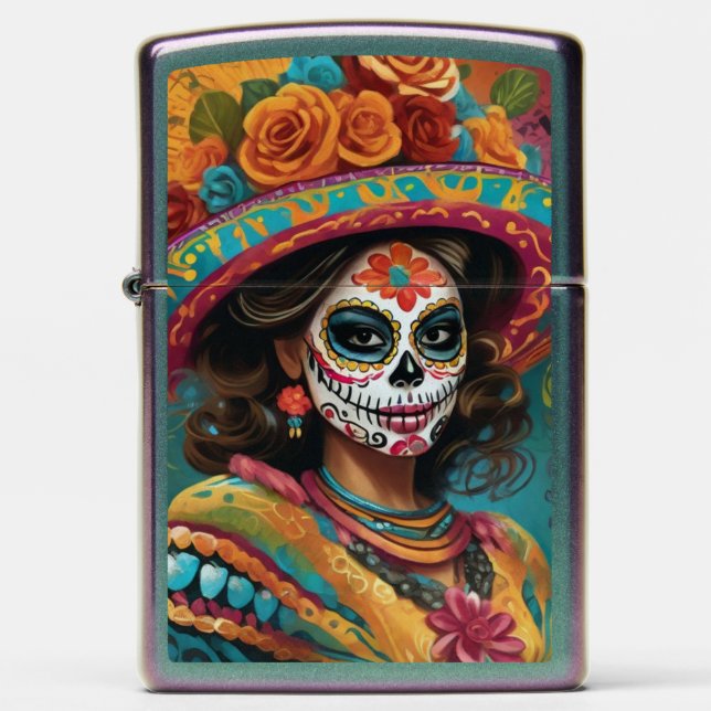 Vibrant Day of the Dead Woman in Skull Makeup Zippo Lighter (Front)