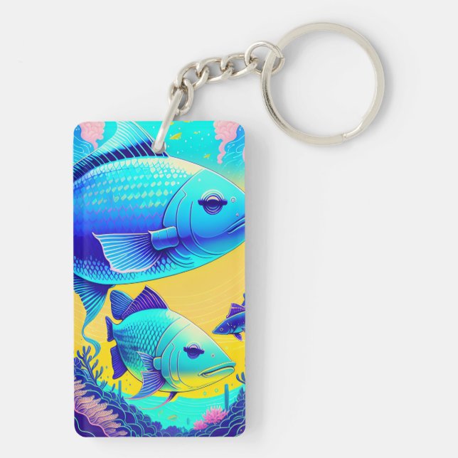Vibrant Deep Blue Fishes Acrylic Keychain (Back)