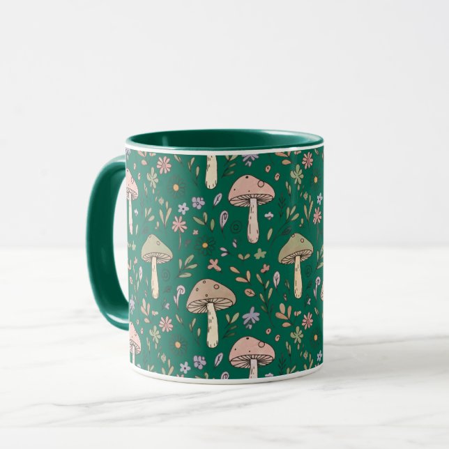 Vibrant Deep Emerald Fungi Seamless Pattern Luxury Mug (Front Left)