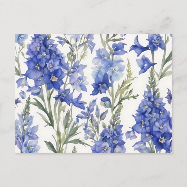 Vibrant Delphinium Watercolor Pattern in Bold Blue Postcard (Front)
