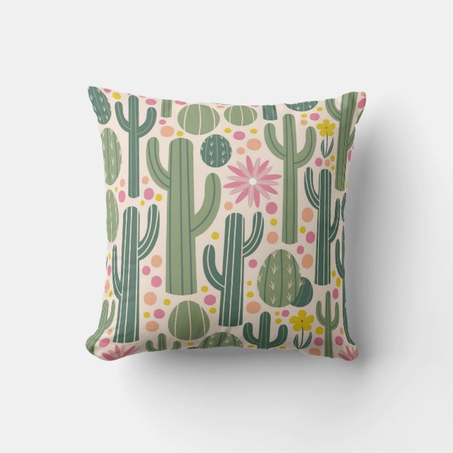 Vibrant Desert Cactus Pattern Throw Pillow (Front)