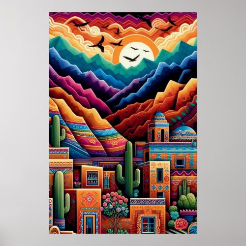 Vibrant Desert Landscape Colorful Mountains Poster