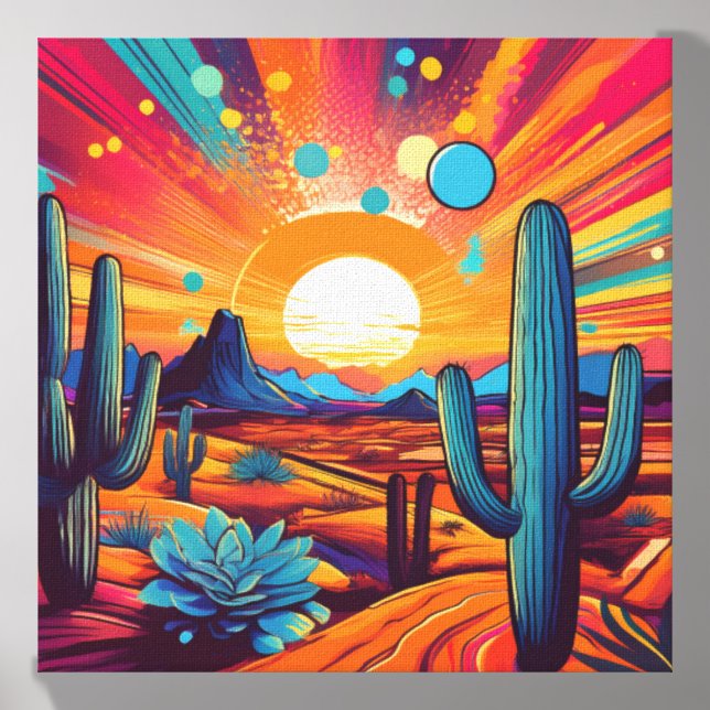 Vibrant Desert Landscape with Sunset and Cacti Canvas Photo Tile (Front Set)