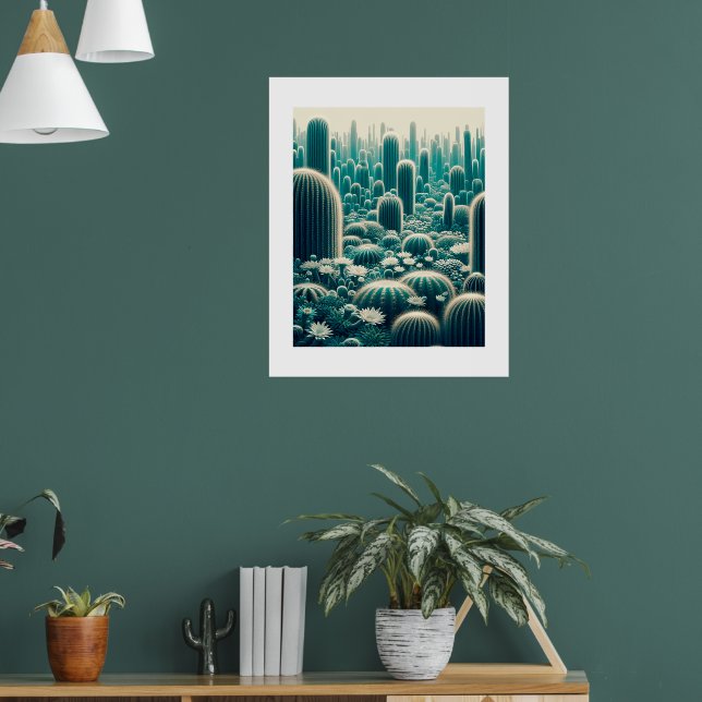 Vibrant desert scene, tall cacti, spiky silhouette poster (Living Room 1)
