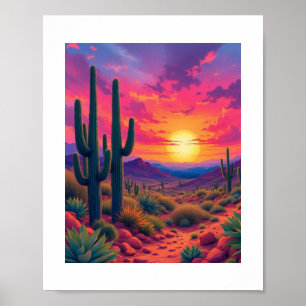 Vibrant Desert Sunset with Cactus Landscape Poster