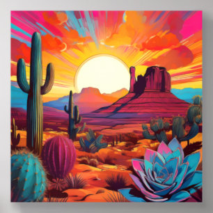Vibrant Desert Sunset with Monument Valley and Cac Acrylic Photo Tile