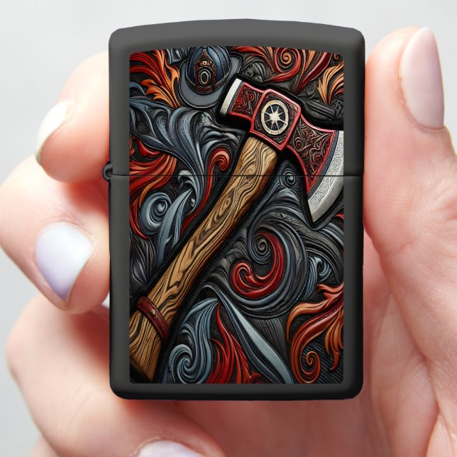 Vibrant Designs Around Fireman's Axe Zippo Lighter (In Hand)