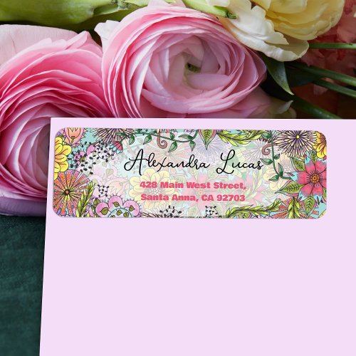 Vibrant Detailed Doodle Flowers Return Address Label