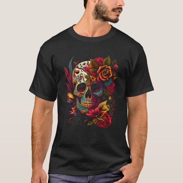 Vibrant Dia de los Muertos Skull T-Shirt (Front)