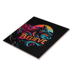 Vibrant Digital Artwork Featuring a Stylized Wolf Ceramic Tile