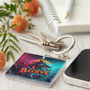 Vibrant Digital Artwork Featuring a Stylized Wolf Keychain