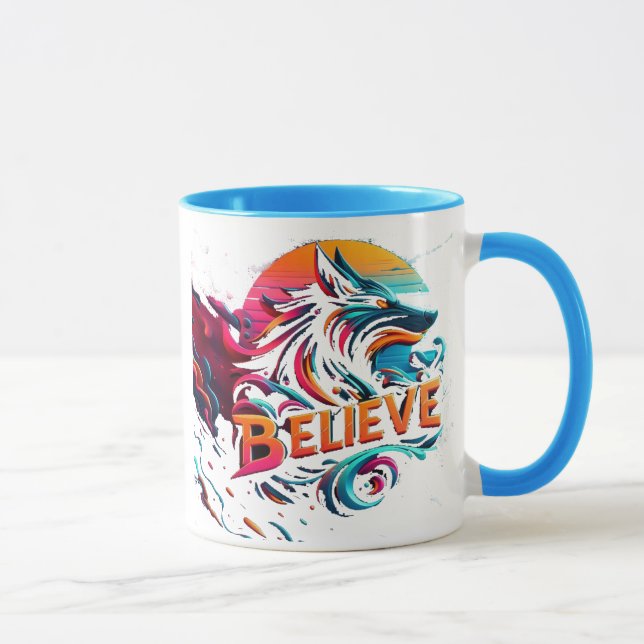 Vibrant Digital Artwork Featuring a Stylized Wolf  Mug (Right)