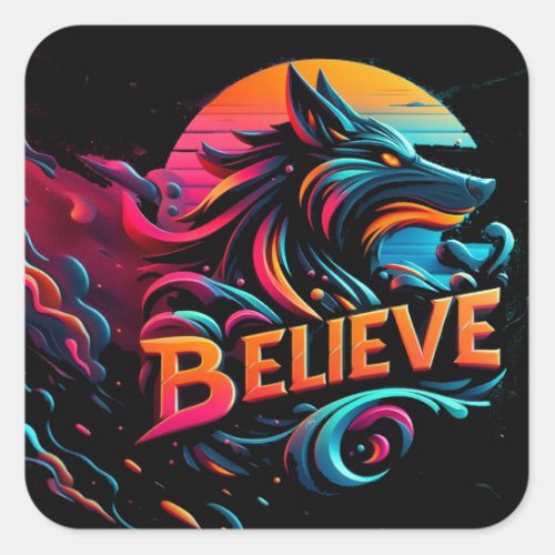 Vibrant Digital Artwork Featuring a Stylized Wolf  Square Sticker