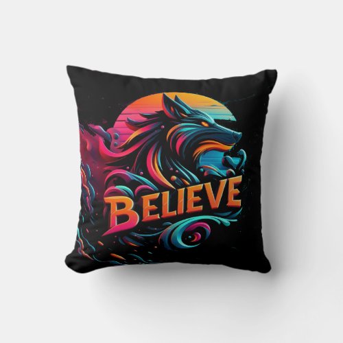 Vibrant Digital Artwork Featuring a Stylized Wolf  Throw Pillow