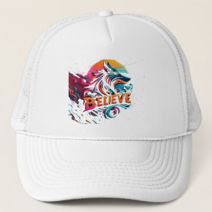Vibrant Digital Artwork Featuring a Stylized Wolf Trucker Hat
