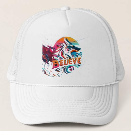 Vibrant Digital Artwork Featuring a Stylized Wolf  Trucker Hat