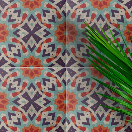 Vibrant Distressed Aztec Motifs Geometric Pattern Ceramic Tile