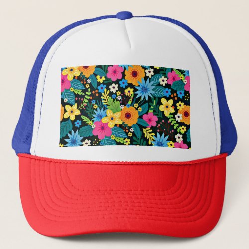 Vibrant Ditsy Colorful Flowers Floral Pattern Trucker Hat