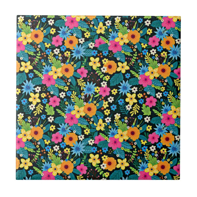 Vibrant Ditsy Flowers Floral Pattern Design-43785 Ceramic Tile (Front)