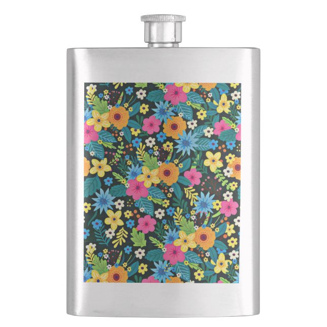 Vibrant Ditsy Flowers Floral Pattern Design-43785 Flask (Front)
