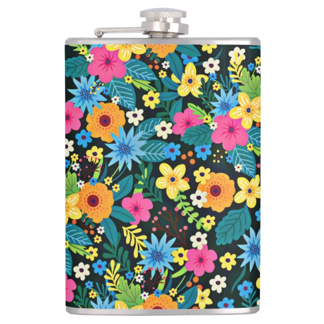 Vibrant Ditsy Flowers Floral Pattern Design-43785 Flask (Front)