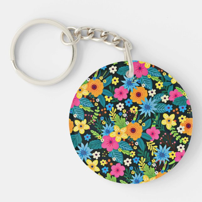 Vibrant Ditsy Flowers Floral Pattern Design-43785 Keychain (Front)