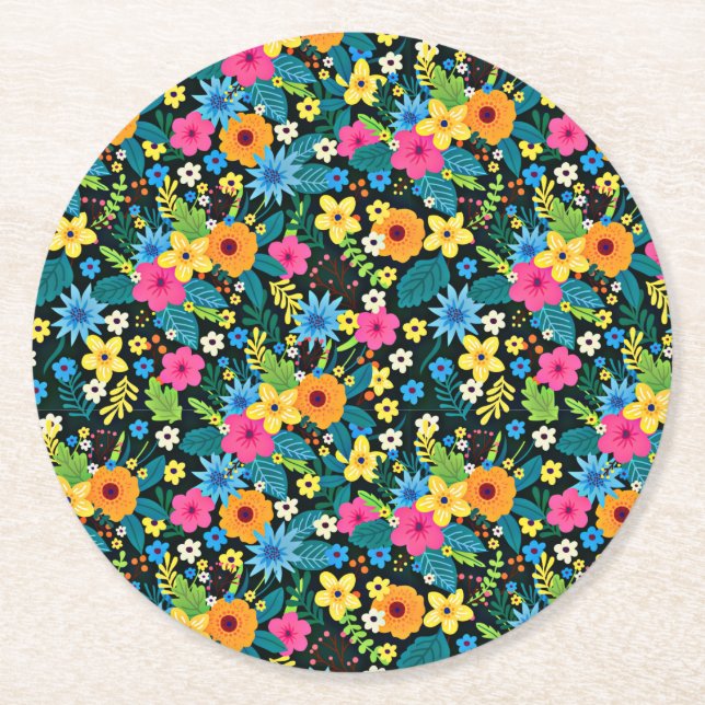 Vibrant Ditsy Flowers Floral Pattern Design-43785 Round Paper Coaster (Front)