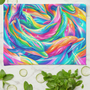 Vibrant Dolphin Dreamscape – Psychedelic Boho Kitchen Towel