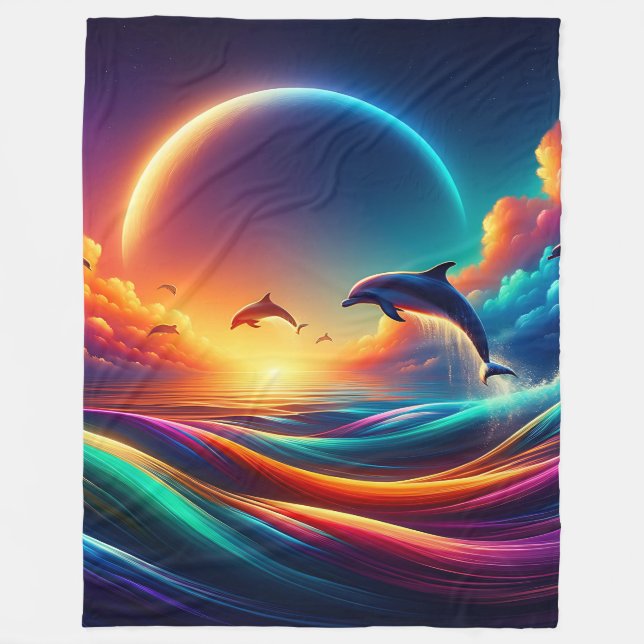“Vibrant Dolphin Fantasy - Surreal Ocean Art" Fleece Blanket (Front)