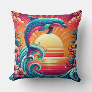 Vibrant Dolphin Leaping Over Ocean Waves Throw Pillow