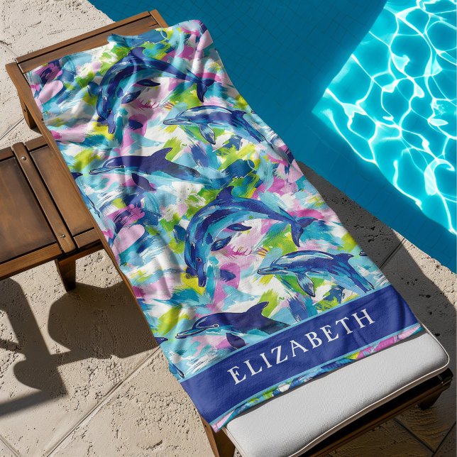Vibrant Dolphins Blue Waves Personalized Beach Towel (custom dolphin beach towel featuring bright impressionist painting of playful dolphins!)
