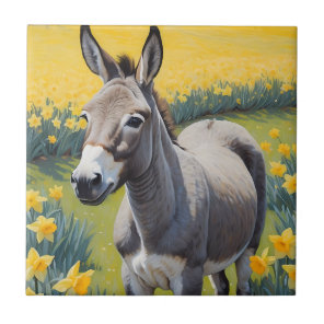Vibrant Donkey And Yellow Daffodils Ceramic Tile