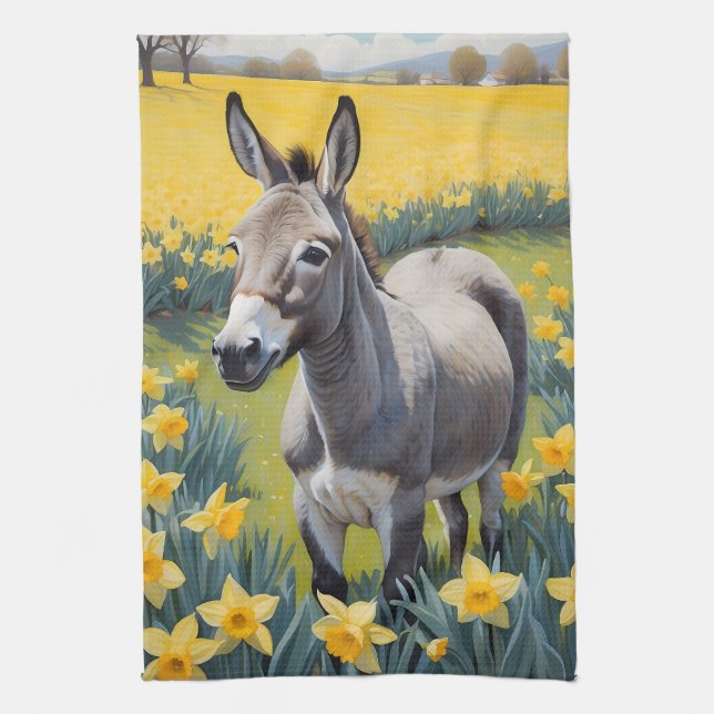 Vibrant Donkey And Yellow Daffodils Kitchen Towel (Vertical)