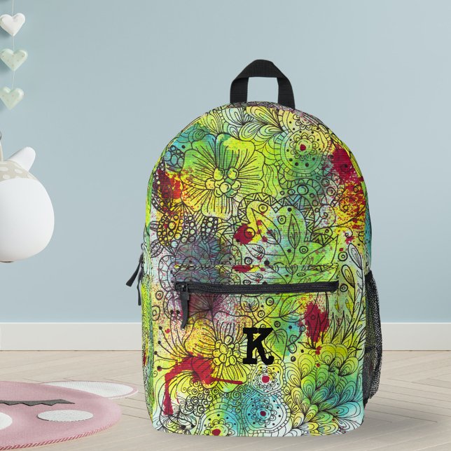 Vibrant Doodle Artwork with Personalized Initial Printed Backpack (Creator Uploaded)