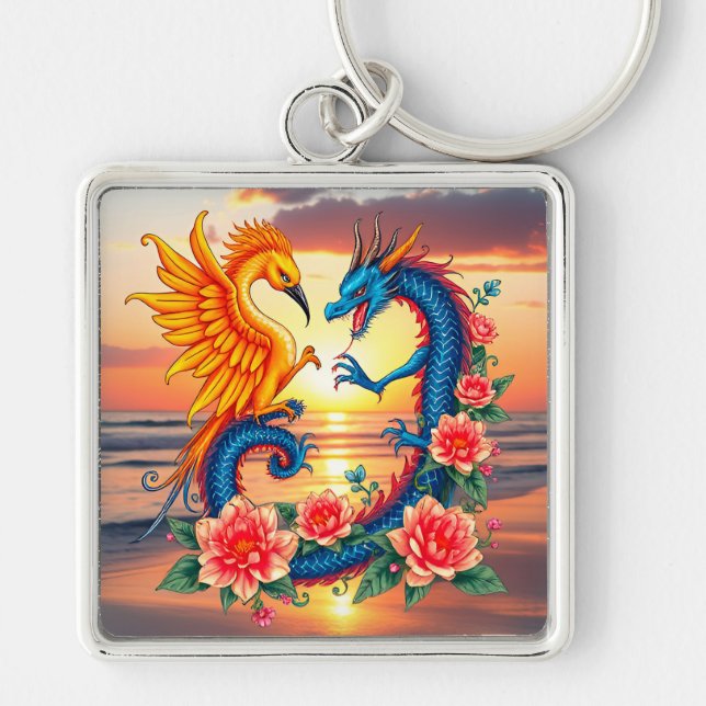 Vibrant Dragon and Phoenix Artwork with Flower Keychain (Front)