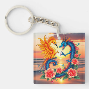 Vibrant Dragon and Phoenix Artwork with Flower Keychain