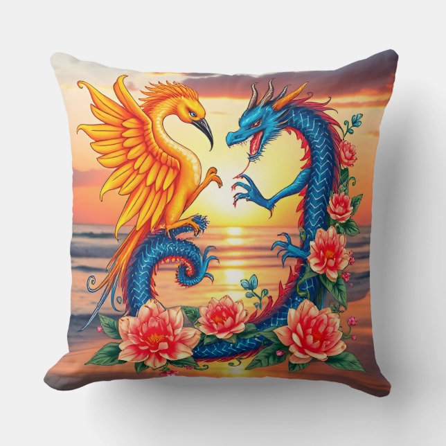 Vibrant Dragon and Phoenix Artwork with Flower Throw Pillow (Front)