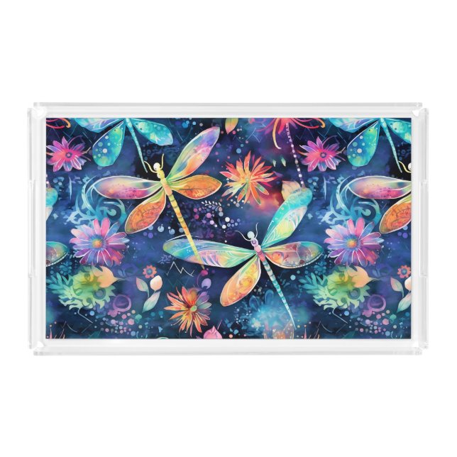 Vibrant dragonflies pattern acrylic tray (Front)