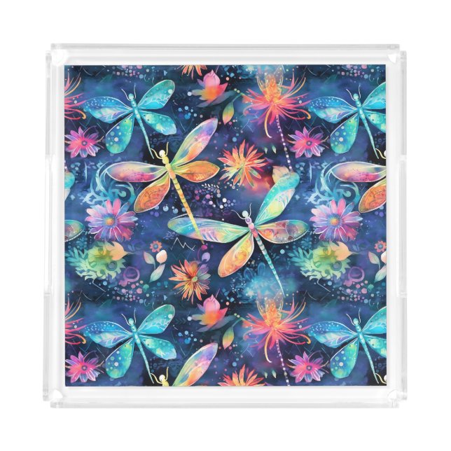 Vibrant dragonflies pattern acrylic tray (Front)