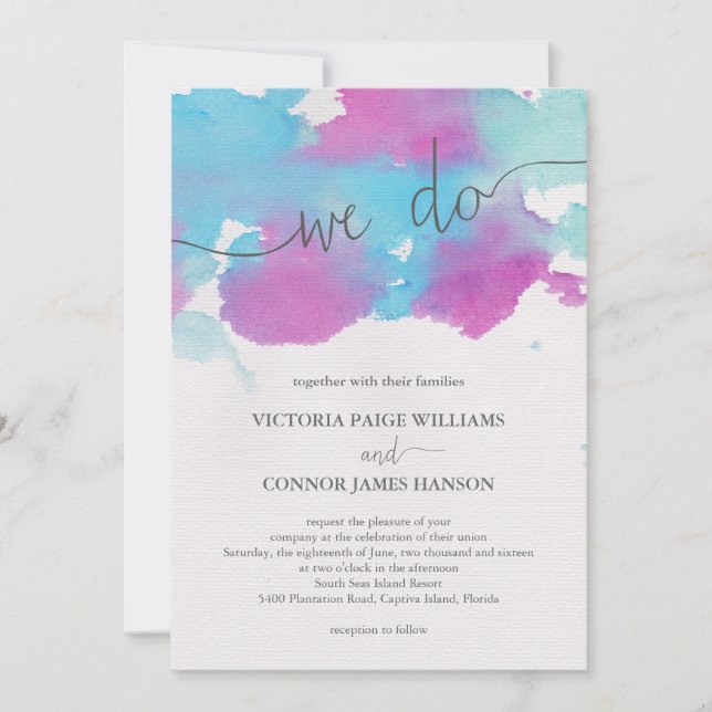 Vibrant Dreams Blue Purple Watercolor Wedding Invitation (Front)
